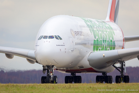 Airbus A380-800 (A6-EOK). Авиакомпания Emirates (Expo 2020 - Sustainability Livery). Аэропорт Домодедово, Московская область